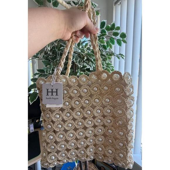 Haute Hippie Handbags - NWT Viral Haute Hippie Handwoven Raffia Crochet Pearl Bag